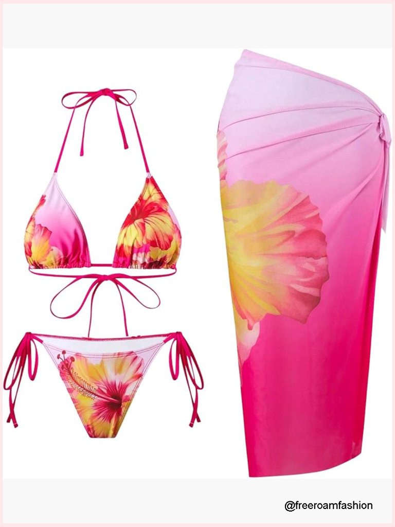 3 Piece Floral Halter Bikini Set With Tie Side Bottom & Cover Up Skirt